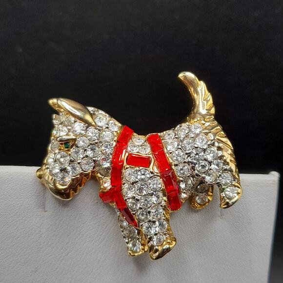 Vintage Scottie Terrier Dog Brooch, Red Clear Rhinestones, 80s Vintage Jewelry - Picture 4 of 9